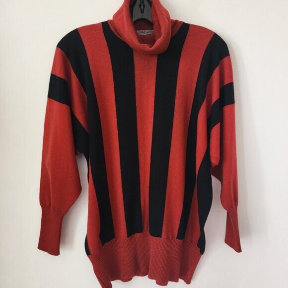 Vintage Sweaters - Vintage Jaeger Black Red Striped Dolman Sleeve  Wool Turtleneck Sweater